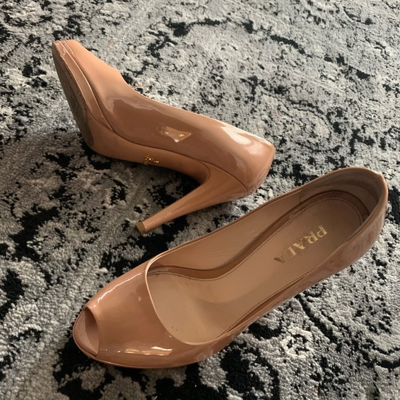 Prada Shoes - PRADA beige tan peep-toe patent leather pumps heels 37.5 fits US 7 Excellent Box